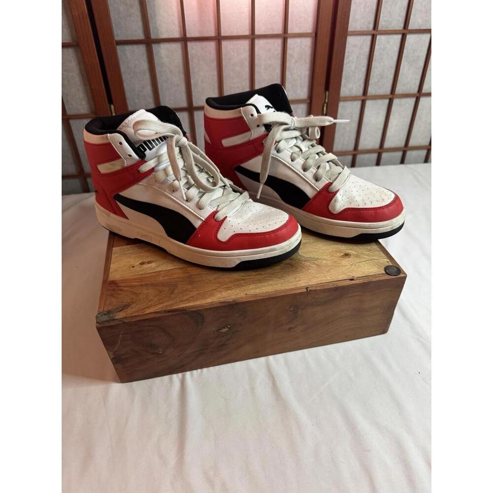Puma High-Top Sneakers in White, Red, and Black